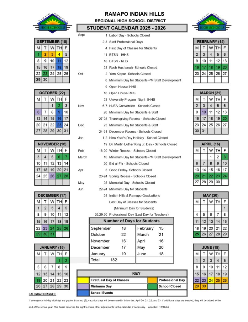 Ramapo Indian Hills Regional H.S. District calendar