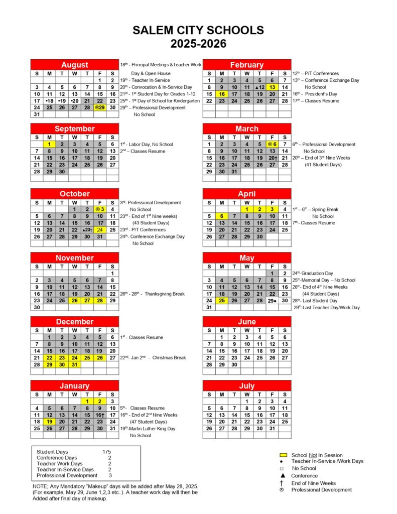 SALEM CITY SCHOOLS calendar 25-26 revised