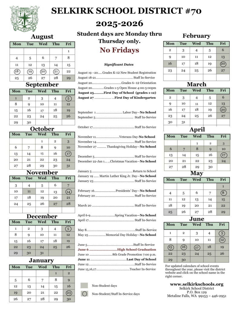 Selkirk School District Calendar