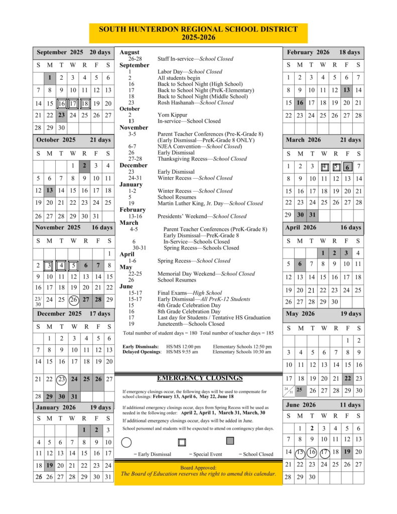 SOUTH HUNTERDON REGIONAL SCHOOL DISTRICT calendar