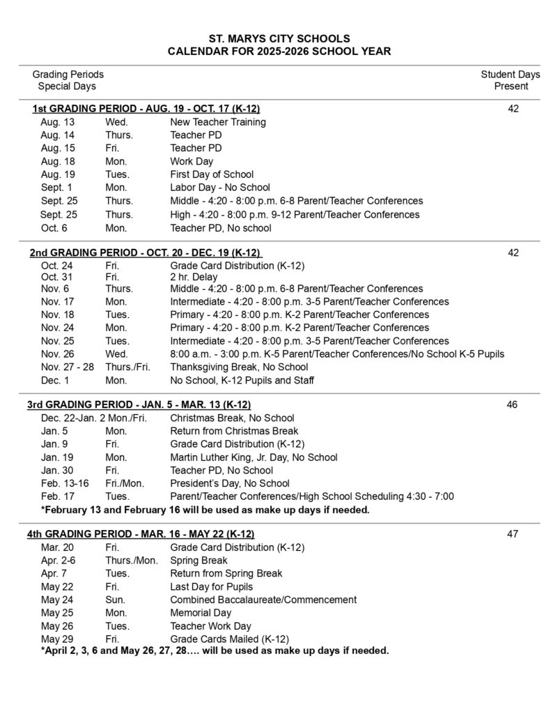 St. Marys City Schools calendar