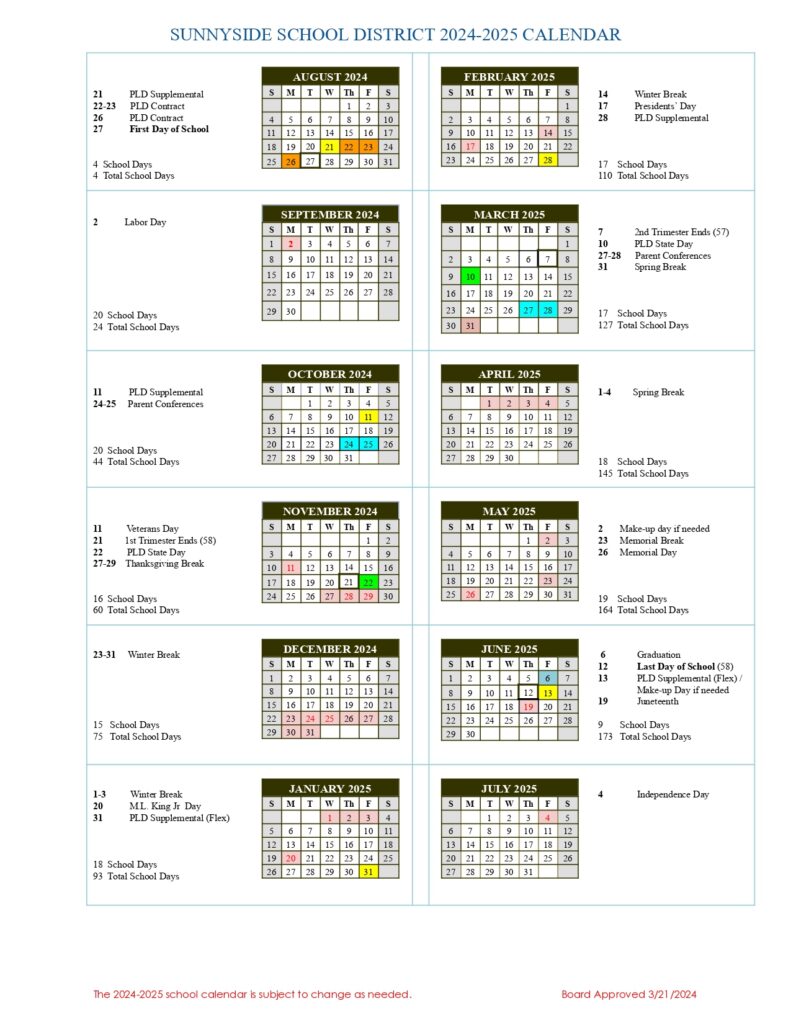 sunnyside school district calendar