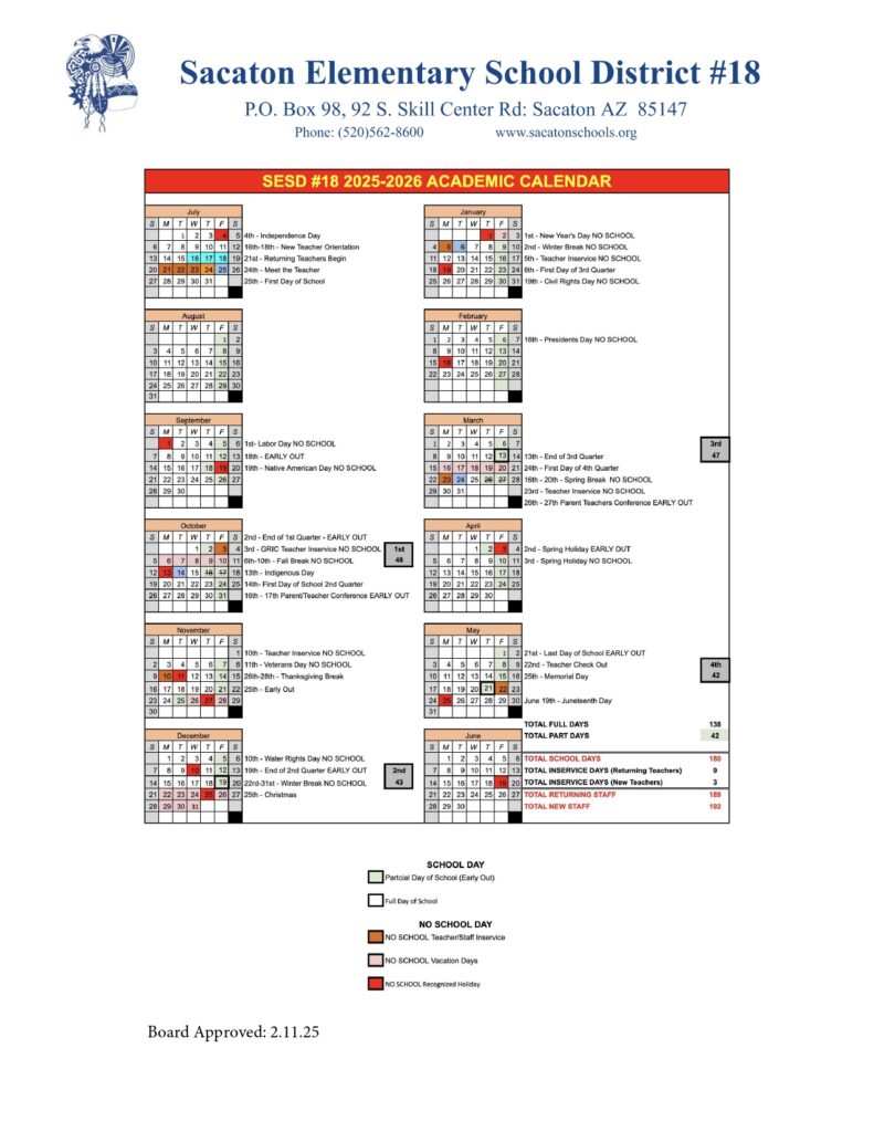 Sacaton Elementary School District Calendar