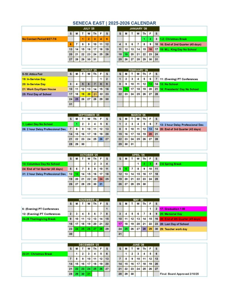 Seneca East Local Schools calendar