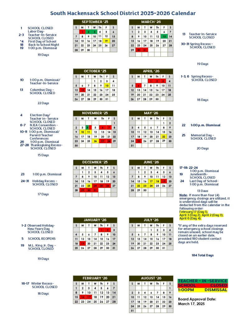 SOUTH HACKENSACK SCHOOL DISTRICT CALENDAR