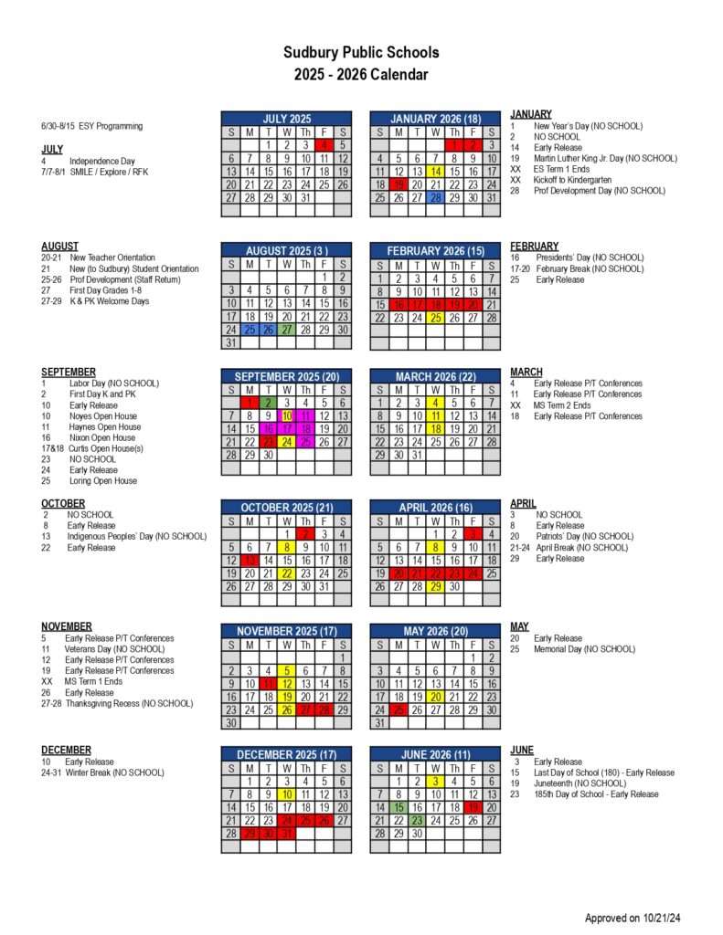 SADBURY PUBLIC SCHOOLS CALENDAR
