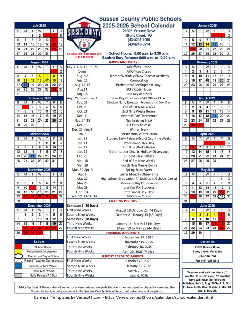 Sussex County Public Schools calendar