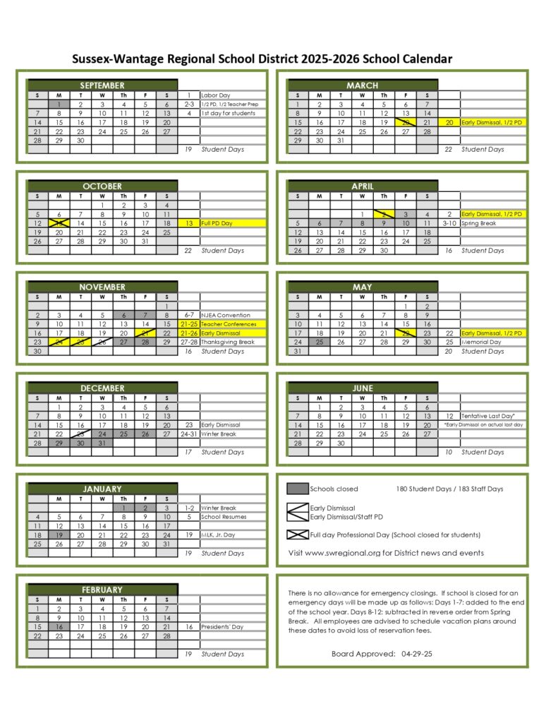 Sussex-Wantage Regional School District Calendar 25-26