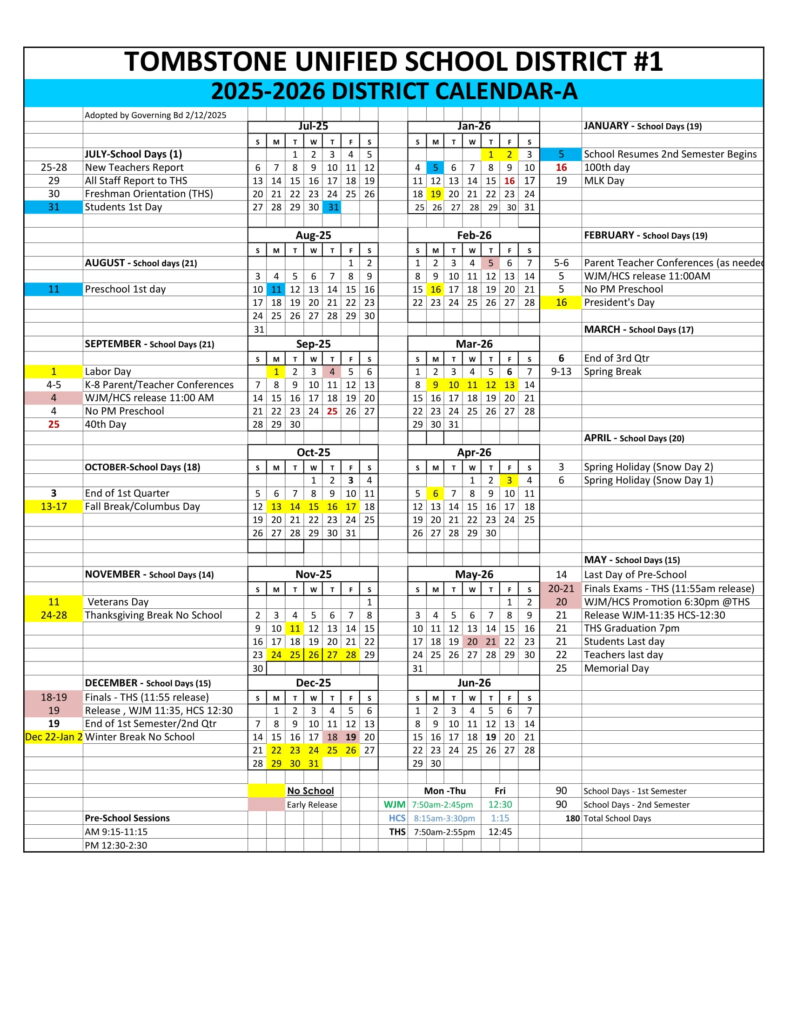 TOMBSTONE UNIFIED SCHOOL DISTRICT calendar