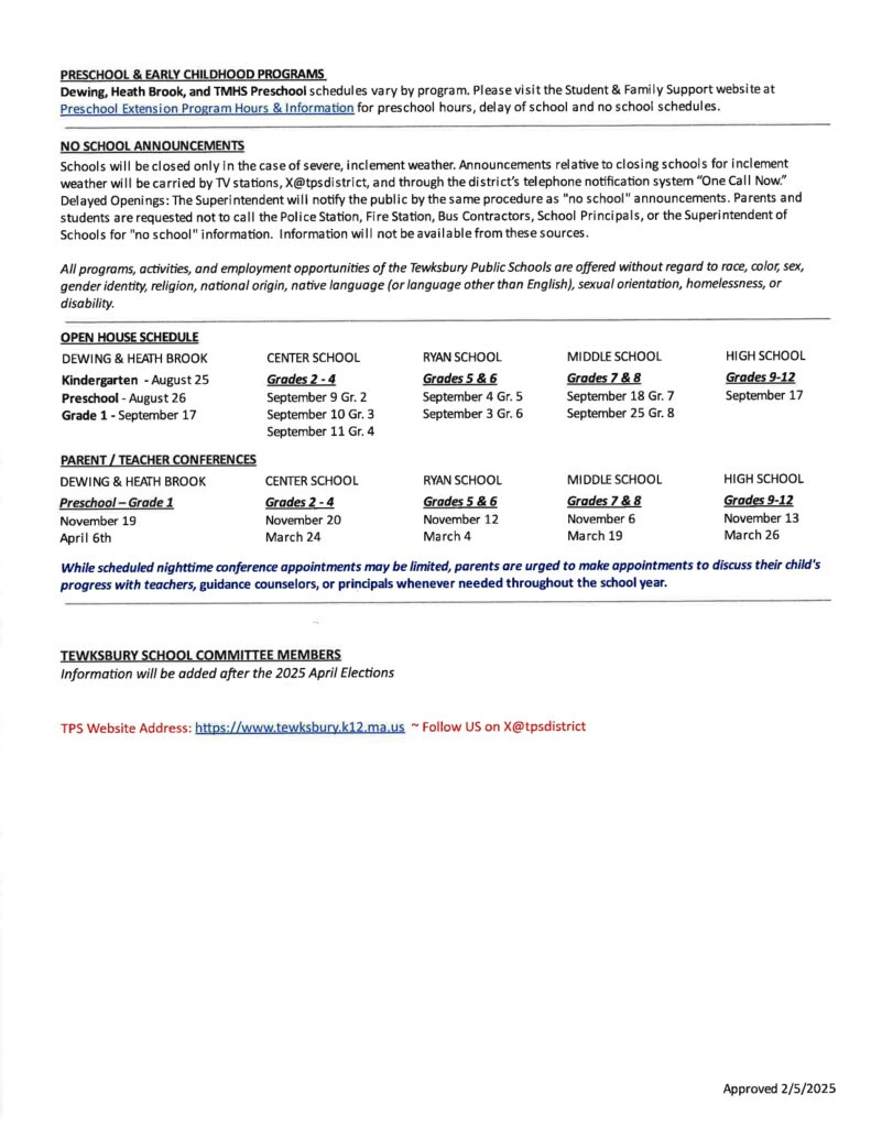 Tewksbury Public Schools Calendar 25 26 Revised pdf EduCounty Tewksbury Public Schools Calendar 25 26 Revised pdf EduCounty