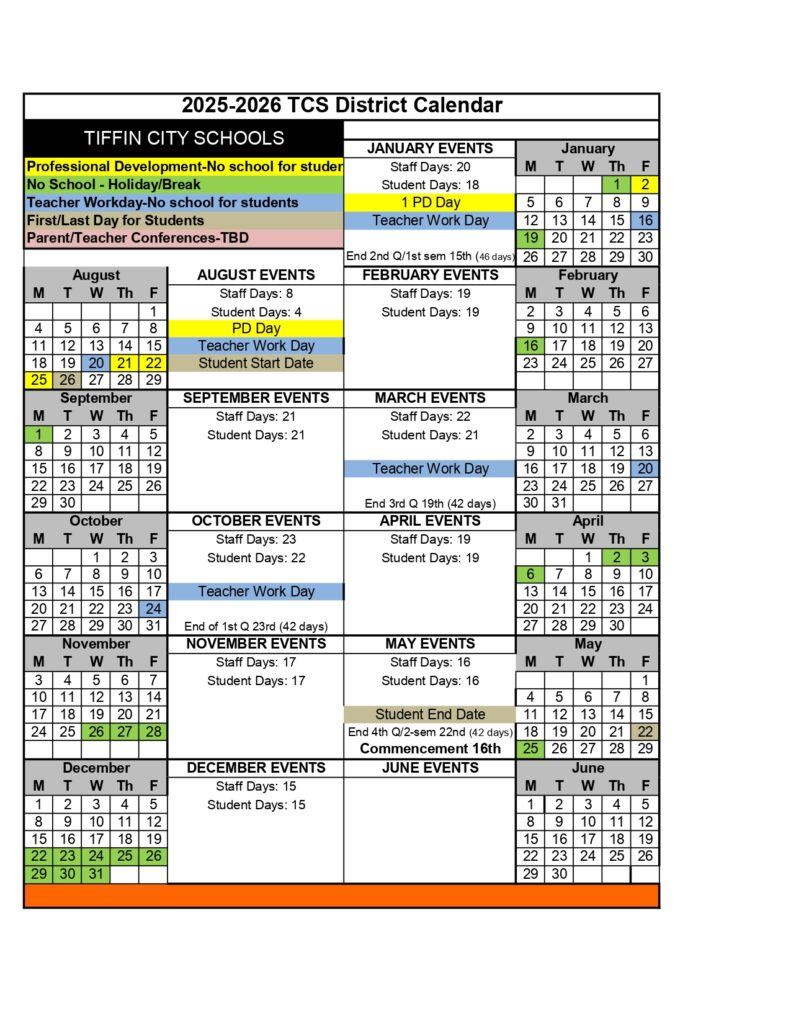 Tiffin City Schools calendar