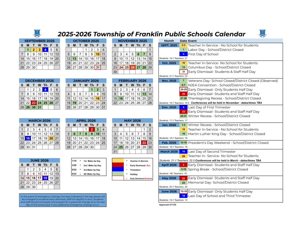 Township of Franklin Public Schools calendar