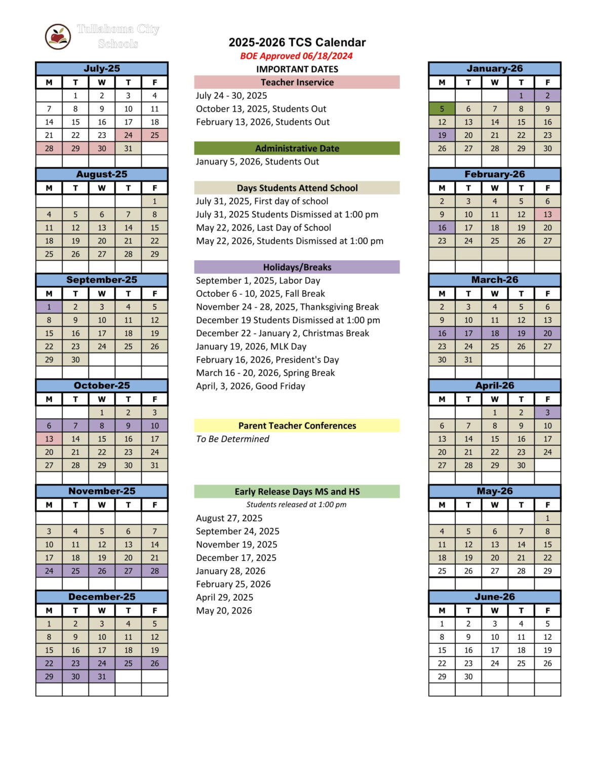 Tullahoma County Schools TN Calendar 25-26 Revised [PDF] - EduCounty