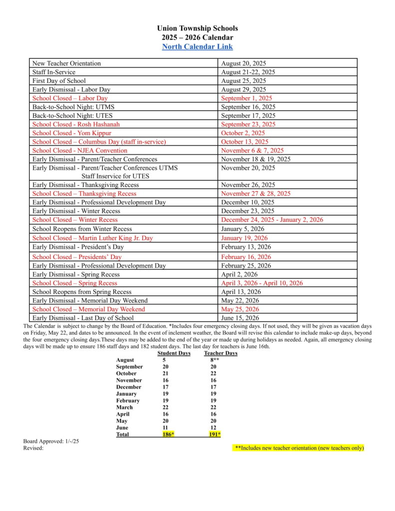 Union Township Schools CALENDAR
