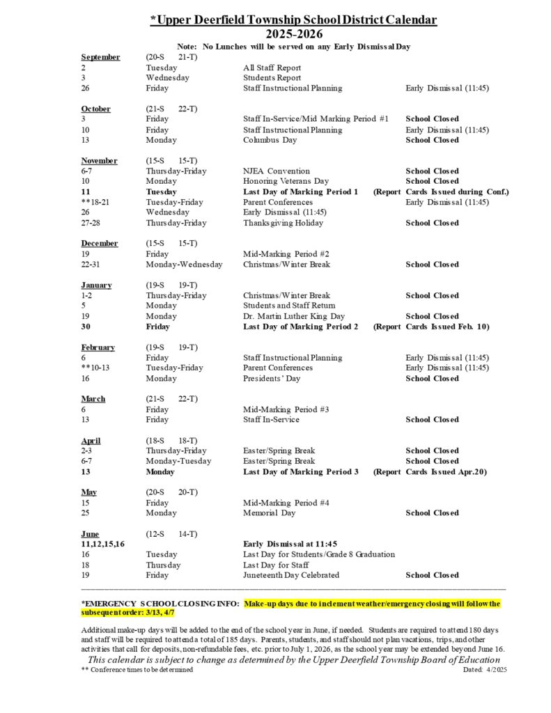 Upper Deerfield Township Schools CALENDAR