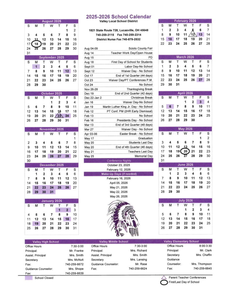 Valley Local School District calendar 25-26 revised