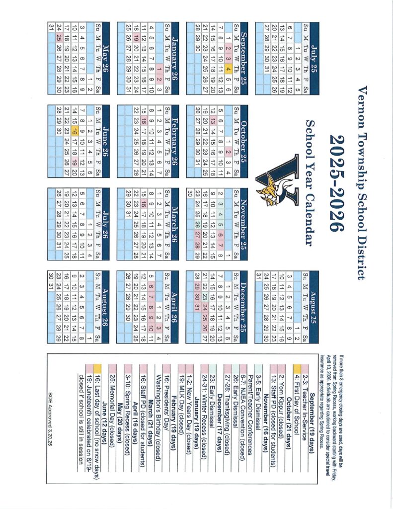 Vernon Township School District Calendar