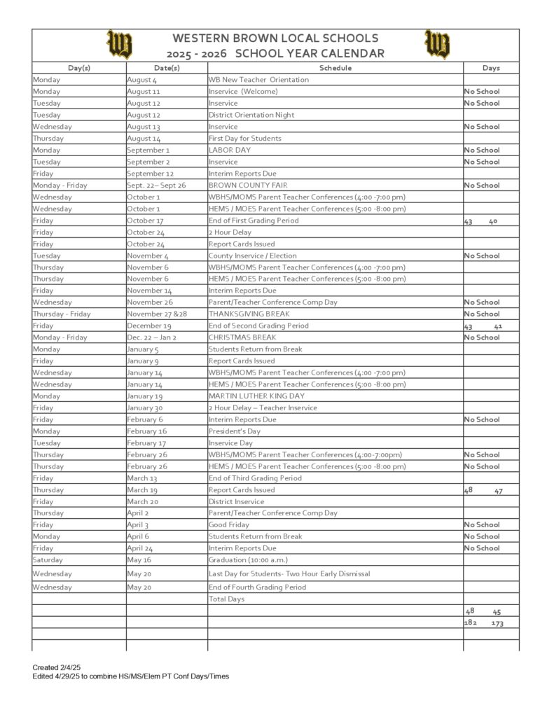 WESTERN BROWN LOCAL SCHOOLS calendar