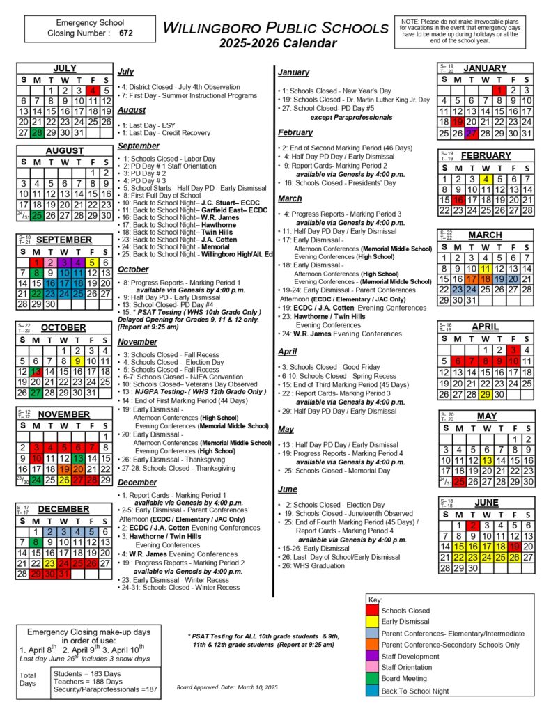 Willingboro Township Public Schools calendar