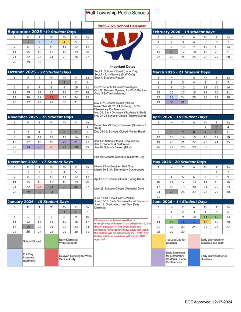 WALL TOWNSHIP PUBLIC SCHOOLS CALENDAR