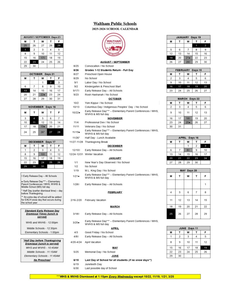 Waltham Public Schools, 2 CALENDAR