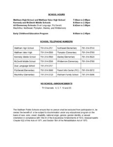 Waltham Public Schools, 2 CALENDAR