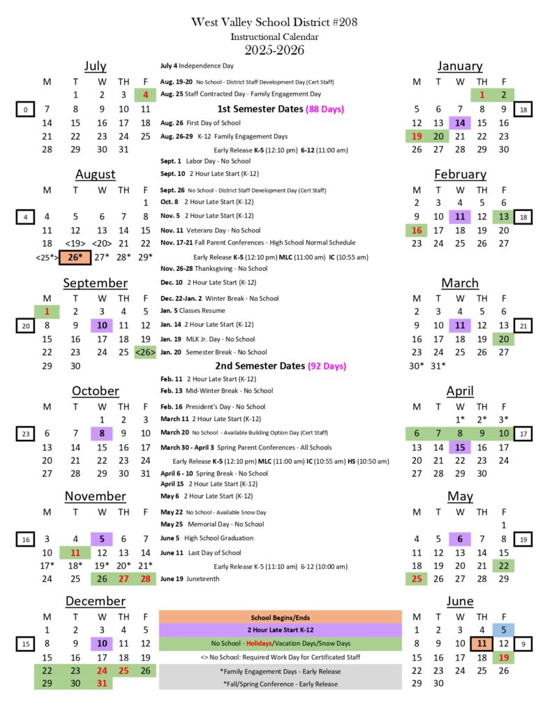 West Valley School District #363 Calendar