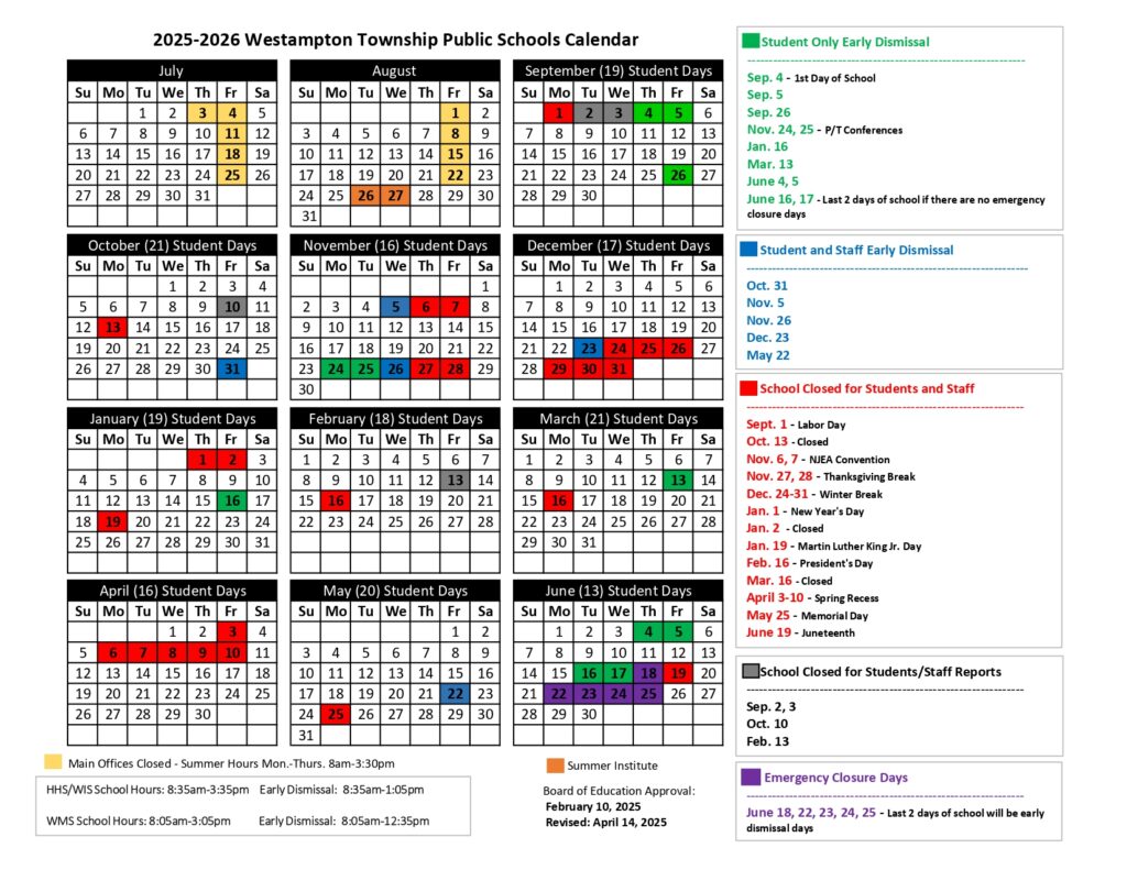 Westampton Township School District Calendar