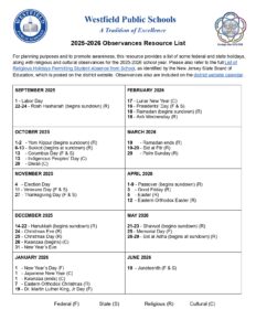 Westfield Public Schools CALENDAR