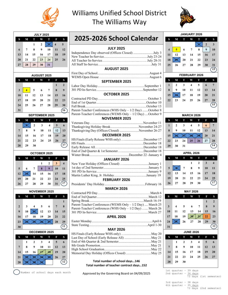 Williams Unified School District calendar