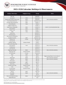 Winchester Public Schools, 1 calendar