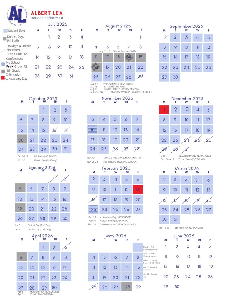 ALBERT LEA SCHOOL DISTRICT 241 25-26 CALENDAR