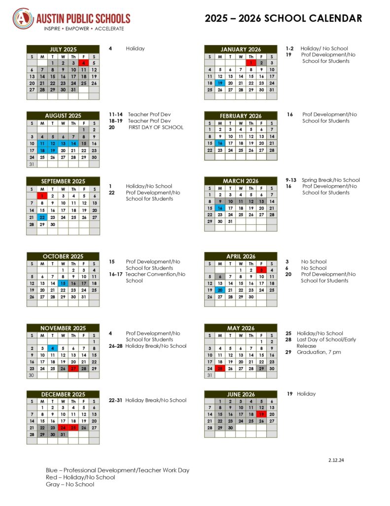 AUSTIN PUBLIC SCHOOLS CALENDAR
