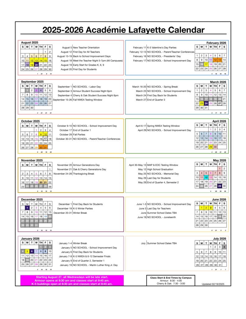 Académie Lafayette CALENDAR