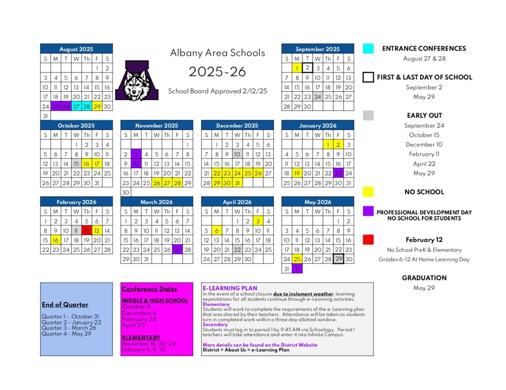 ALBANY AREA SCHOOLS CALENDAR