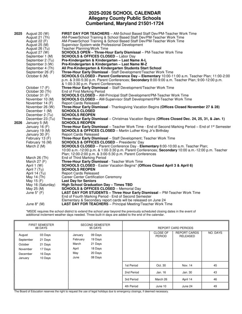 Allegany County Public Schools CALENDAR