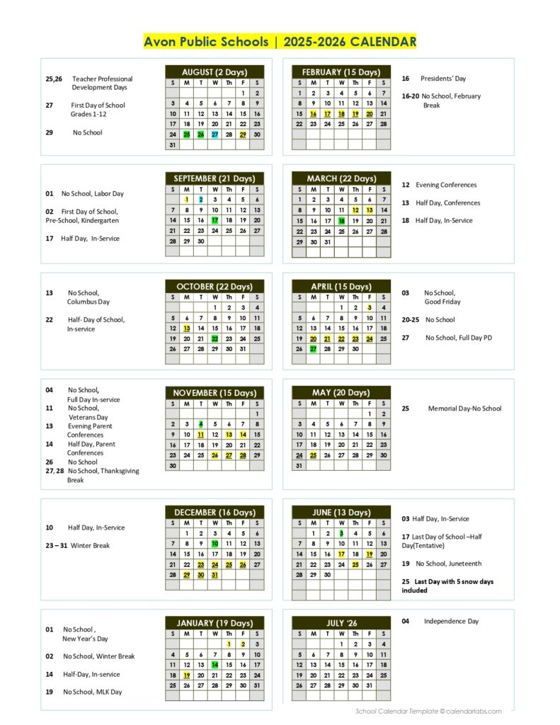 AVON PUBLIC SCHOOLS CALENDAR