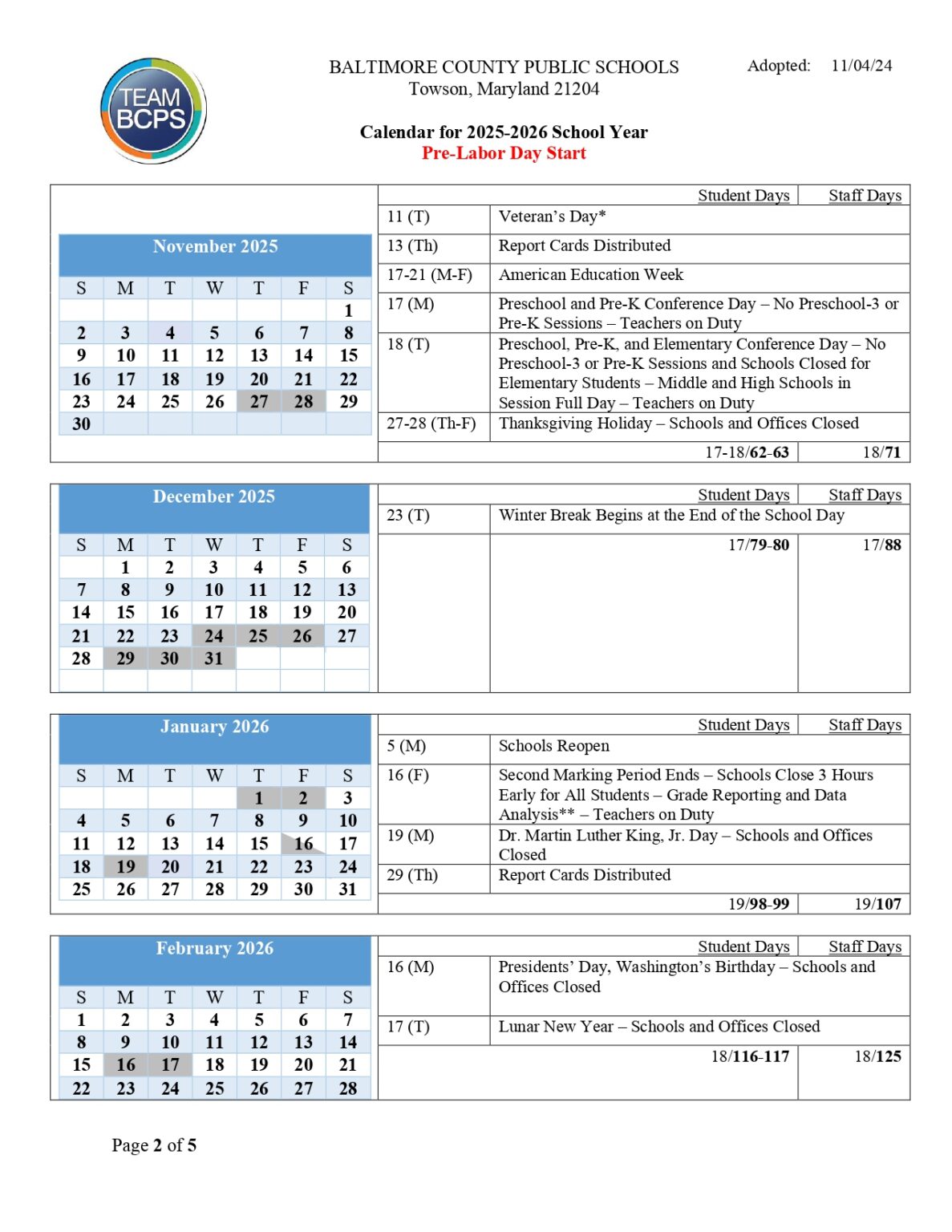Baltimore School Calendar 25 26