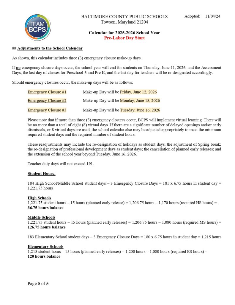 Baltimore County Public Schools calendar
