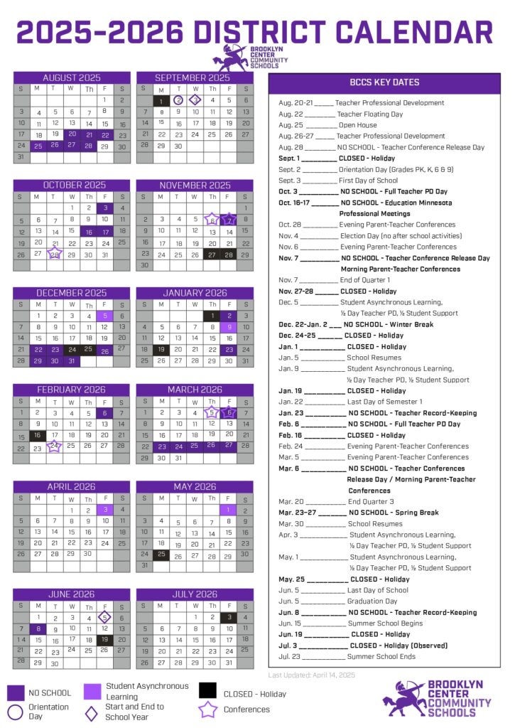 BROOKLYN CENTER COMMUNITY SCHOOLS CALENDAR