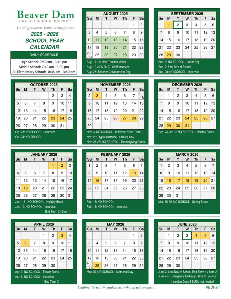 BEAVER DAM SCHOOL CALENDAR