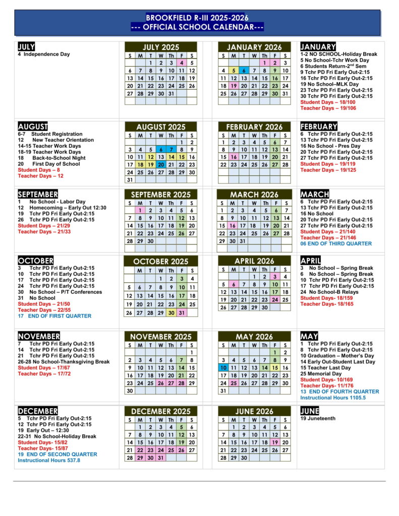 Brookfield R-III School District calendar