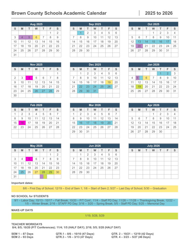 BROWN COUNTY IN SCHOOLS calendar