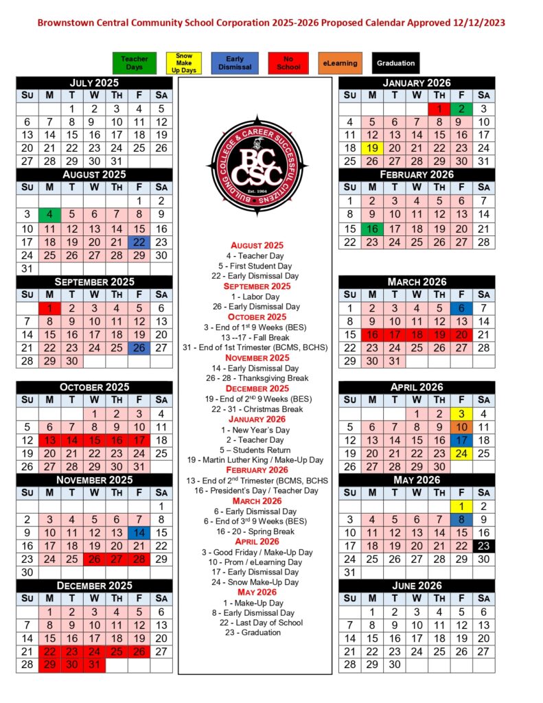brownstown central community school corporation calendar