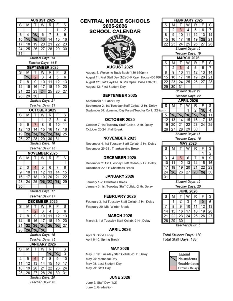 CENTRAL NOBLE SCHOOLS 2025-2026 calendar