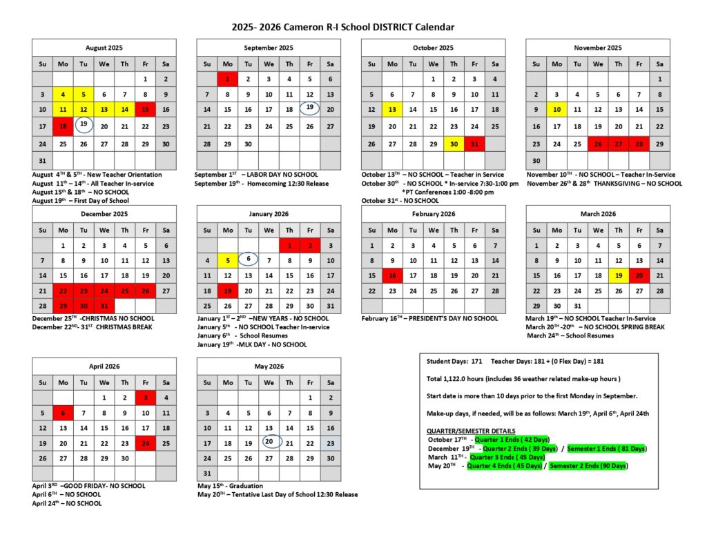 Cameron R-1 School District calendar