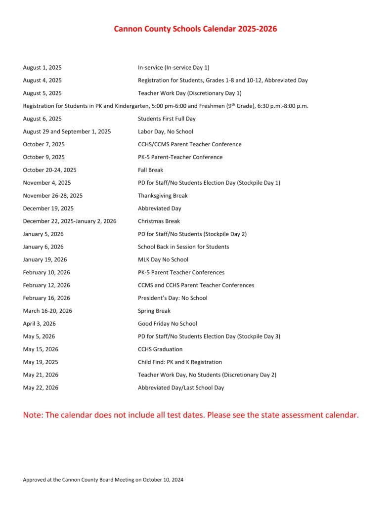 Cannon County School District TN Calendar