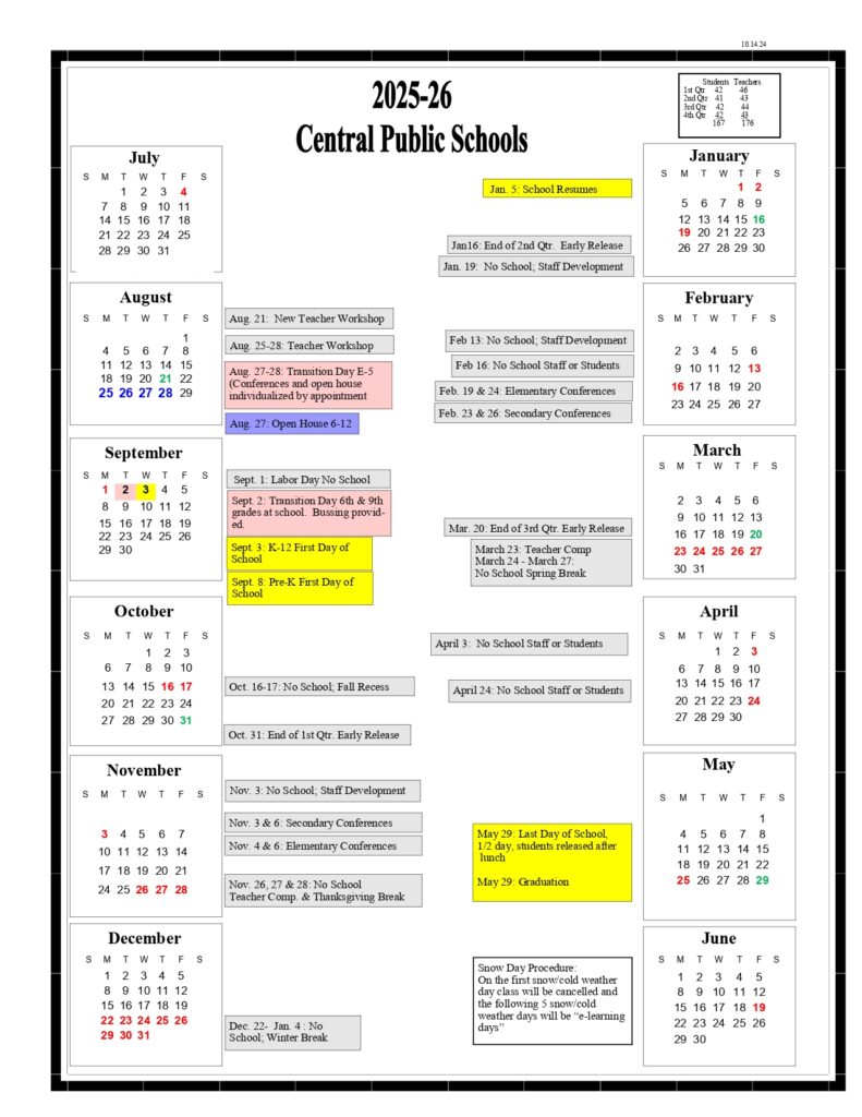 Central Public Schools CALENDAR REVISED