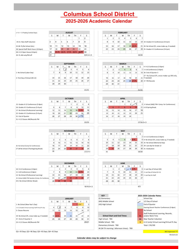 Columbus School District CALENDAR