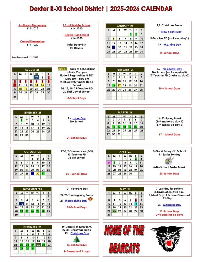 Dexter R-XI School District 25-26 calendar